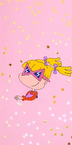 a cartoon girl with blonde hair and glasses on her head is flying through the air