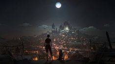 a man standing on top of a roof next to a city at night with the moon in the sky