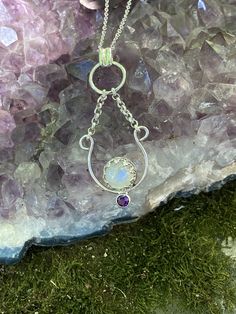 Artisan Rainbow Moonstone Lunar Hoop Suspension Necklace Protective Crystal Amulet Sterling Silver by JuliaRoseBoyerDesign on Etsy Crystal Amulet, Talisman Jewelry, Magical Gift, Spiritual Awareness, Moon Jewelry