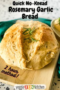 quick no - knead rosemary garlic bread on a cutting board with text overlay