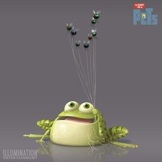 a green frog with eyes and two strings attached to it's back, in front of a gray background