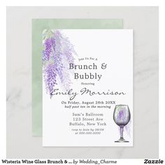 the brunch and bubbly wedding card is shown with a glass of wine