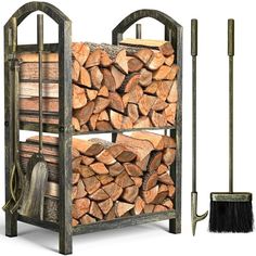 a pile of wood next to a broom and firewood rack with logs in it