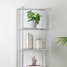 a metal shelf with three jars and a potted plant