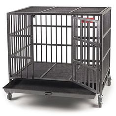 an empty cage with wheels on the bottom is shown in front of a white background