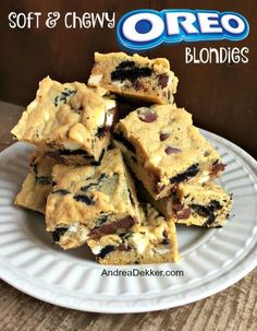 soft and chewy blondies on a plate with text overlay that reads soft & chewy blondies