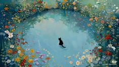 a painting of a cat sitting in the middle of a pond surrounded by wildflowers