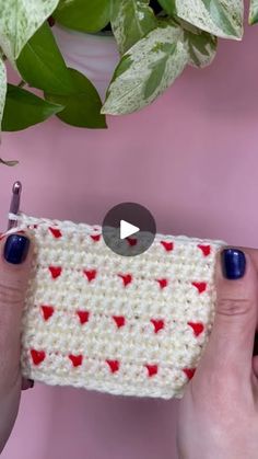 two hands holding up a crocheted pouch with red and white hearts on it