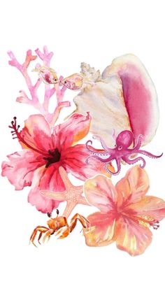 watercolor painting of pink flowers and an octopus