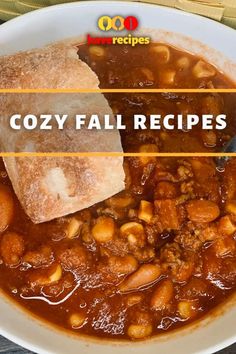 a white bowl filled with stew next to a piece of bread on top of it