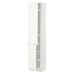 a tall white cabinet with two doors and shelves on each side, in front of a white background