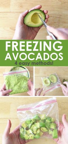 an avocado is being cut into pieces with the words freezing avocados