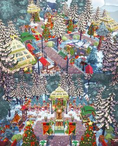 the christmas village is decorated with trees and presents