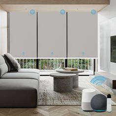 a modern living room with white blinds and blue arrows on the window sill above the couch