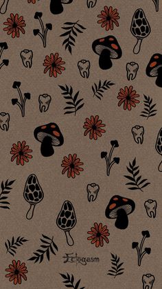 an image of flowers and mushrooms on a brown background