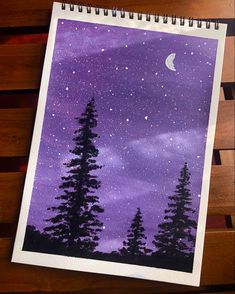 a drawing of trees and the moon on a purple night sky with stars above them