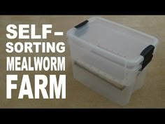 a plastic container with the words self sorting mealworm farm on it's side