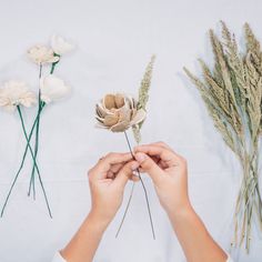 someone is arranging flowers on a white surface with dried grass and stems in the foreground