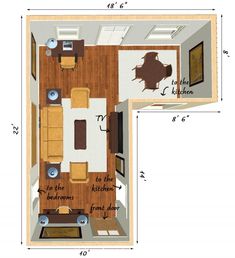 an overhead view of a living room and kitchen from the floor plan for a small apartment