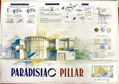 an architectural drawing of a building with blueprints on it