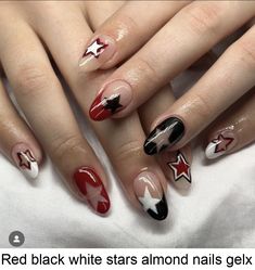 Red black white stars almond nails gelx % #uñas french #diseños de uñas #uñas sencillas Stars Nails, Punk Nails, Grunge Nails, Star Nails, Dream Nails, Fire Nails, Funky Nails, Pretty Acrylic Nails, Dope Nails