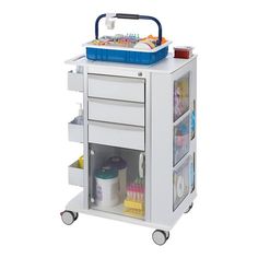 a white cart with lots of different items on it's shelves and drawers,