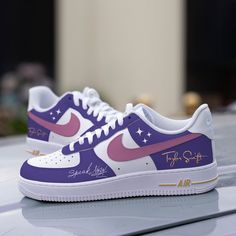 Painted Taylor Swift Shoes, Custom Air Force 1 Taylor Swift, Purple Custom Shoes, Taylor Swift Nike Shoes, Taylor Swift Air Force 1, Customizable High-top Sporty Sneakers, Customizable Sporty High-top Sneakers, Customizable High-top Sneakers For Streetwear, Sporty Customizable Low-top Sneakers