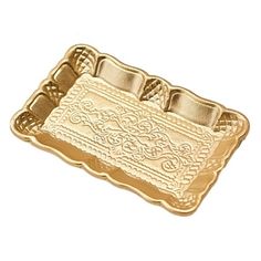 a gold metal tray with intricate designs on the bottom and sides, set against a white background