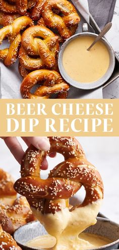 beer cheese dip recipe with pretzels being lifted from a pan by a hand