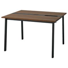 a wooden table with black metal legs and a brown top on an isolated white background