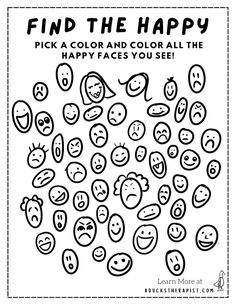 a coloring page with the words find the happy faces