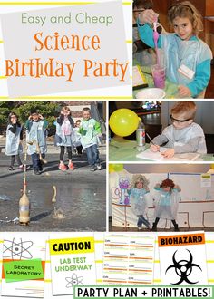 science birthday party for kids with pictures and instructions to make it look like they are doing something