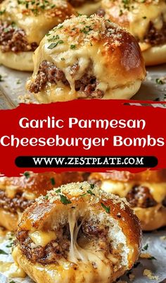 Garlic Parmesan Cheeseburger Bombs  Discover a twist on the classic cheeseburger with these irresistible Garlic Parmesan Cheeseburger Bombs. Encased in a golden, buttery biscuit dough, each bite delivers a burst of savory beef, melting cheeses, and a hint of garlic. Perfect as a party appetizer or a comforting snack, these bombs will quickly become a family favorite.  Ingredients  • 1 lb ground beef. • 2 cloves garlic, minced. • 1/2 cup Parmesan cheese, diced. • 1 cup cheddar cheese, cubed.  Dive into the savory goodness of these Garlic Parmesan Cheeseburger Bombs for the ultimate cheesy snack experience! Mini Food Appetizers, Cheesy Garlic Biscuits, Beef Appetizers, Cheesy Snack, Family Snacks, Soft Bread, Hot Cheese, Biscuit Dough, Quick Appetizers