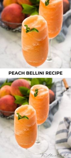 peach bellini recipe in two glasses with basil garnish on the rims