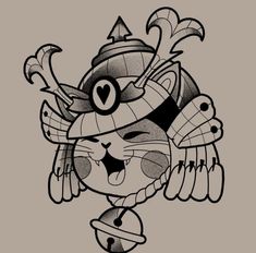 a black and white drawing of a cat with wings on it's head, wearing a hat