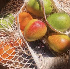 a bag filled with fruit sitting on top of a table