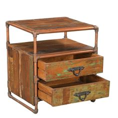 an old wooden table with two drawers on wheels and one drawer open to show the contents