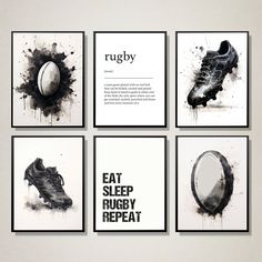 four black and white prints with rugby shoes on them