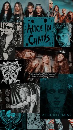 an advertisement for alice in chains with images of women and men on the back ground