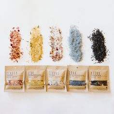 Unsure if you want to commit to a full jar of a single scent of our bath salts? No problem - sample each one with packets made for a single bath. Size: 1.5 oz. each Curbside Pickup: FreeShipping: Available in the Contiguous US, unless combined with other non-shippable items in cart. Please allow 1-2 days (in addition to shipping time) for us to process your order.Delivery: Rates are based on distance from Studio City Shop (calculated at checkout). Order min. starts at $75 and increases with dist Bath Salts Diy Recipes, Bath Products Packaging, Floral Bath Salts, Natural Bath Salts, Bath Salts Diy, Bath Tea, Homemade Bath Products, Bath Salt, Milk Bath