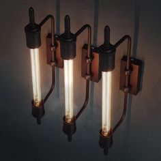 three lights are attached to the side of a wall mounted light fixture in an industrial style