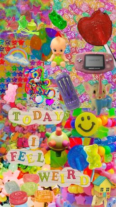 a collage of candy, candies, and toys with the words today fell on it