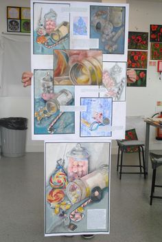 a person standing next to a poster with pictures on it