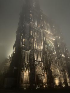 a large cathedral lit up at night with lights on it's sides and windows