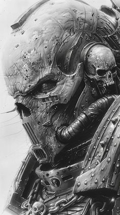 a black and white drawing of a man in armor with a skull on his face