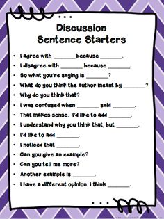 a purple and white chevron background with the words, discussion sentence starter