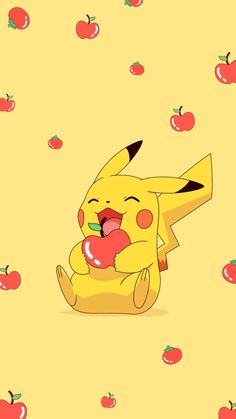 the pikachu is eating an apple