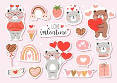 valentine stickers with bears, hearts and other things in pink colors on a white background