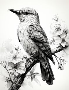 a black and white drawing of a bird on a branch with flowers in the background