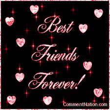 the words best friends forever written in pink hearts on a black background with red sparkles